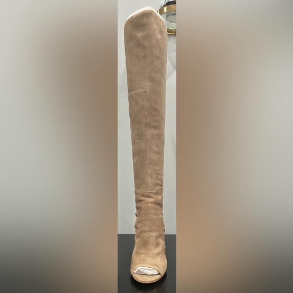 NIB Vince Camuto Shassa Taupe Suede Open Toe, Over-The-Knee Heeled Boots - Picture 11 of 15